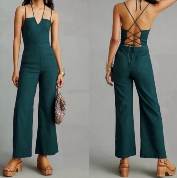 Anthropologie Pants - NWOT Anthropologie Maeve The Colette Green Strappy Wide Leg Jumpsuit Size 12